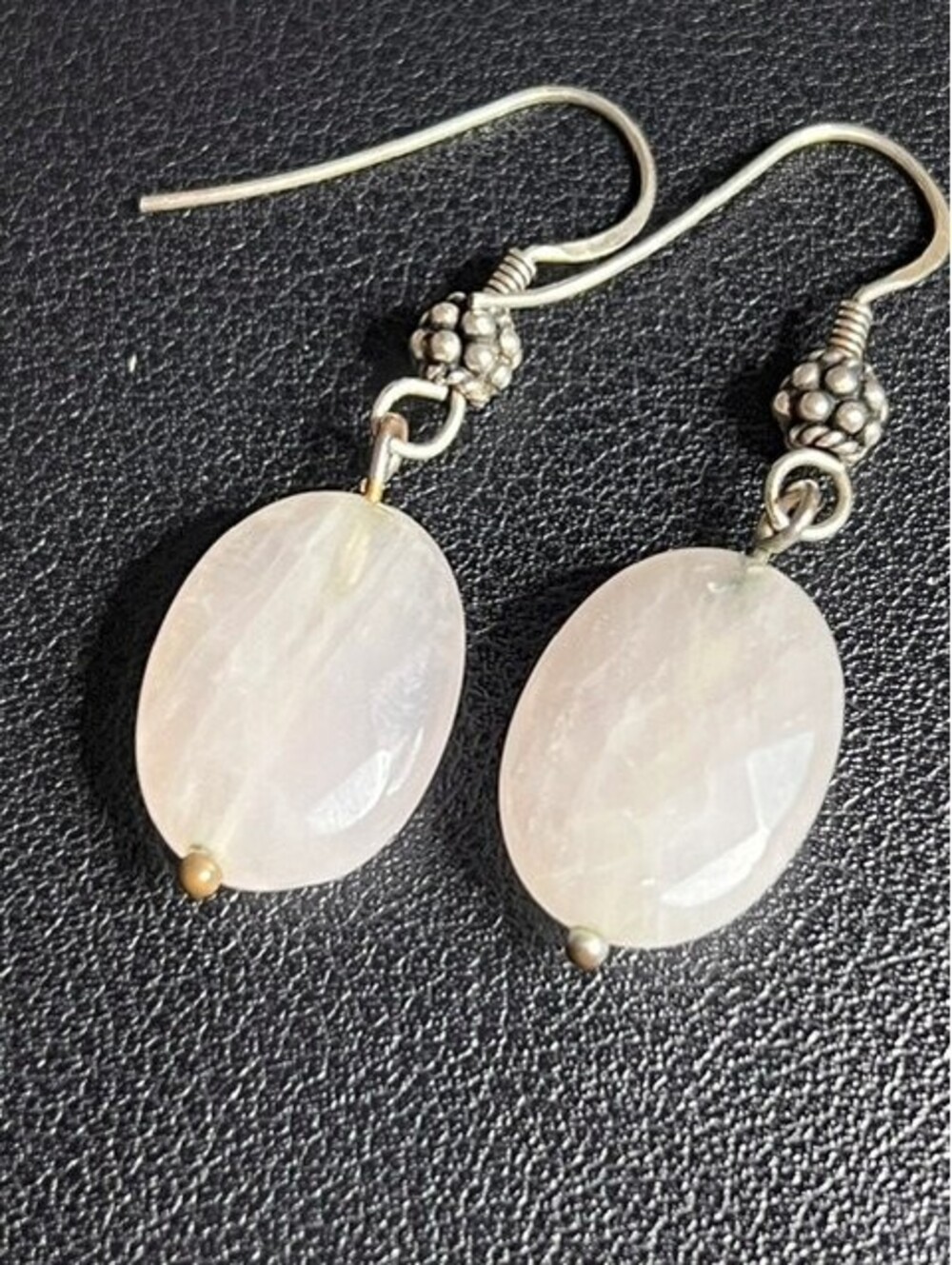 B7061 Sterling Silver Rose Quartz Dangle Earrings Faceted Oval  44mm drop